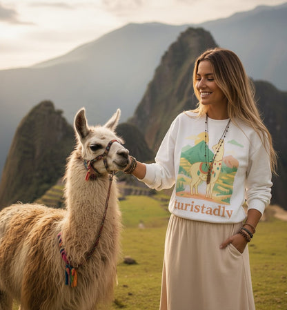 Sudadera de llama peruana, suéter andino, jersey peruano, vicuña alpaca guanaco - Sudadera unisex de cuello redondo, suéter de alpaca.