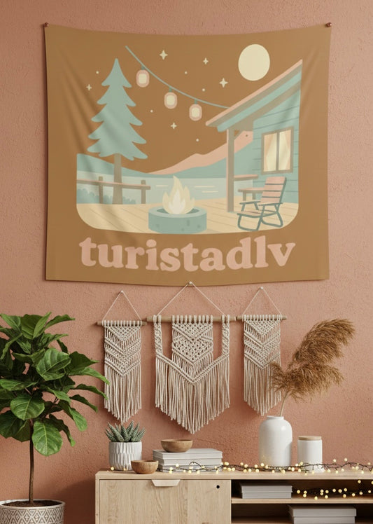 Acogedor tapiz de escena de cabaña junto al lago, Tapiz de pared interior, decoración boho, tapiz bohemio, casa de madera, regalo decorativo.