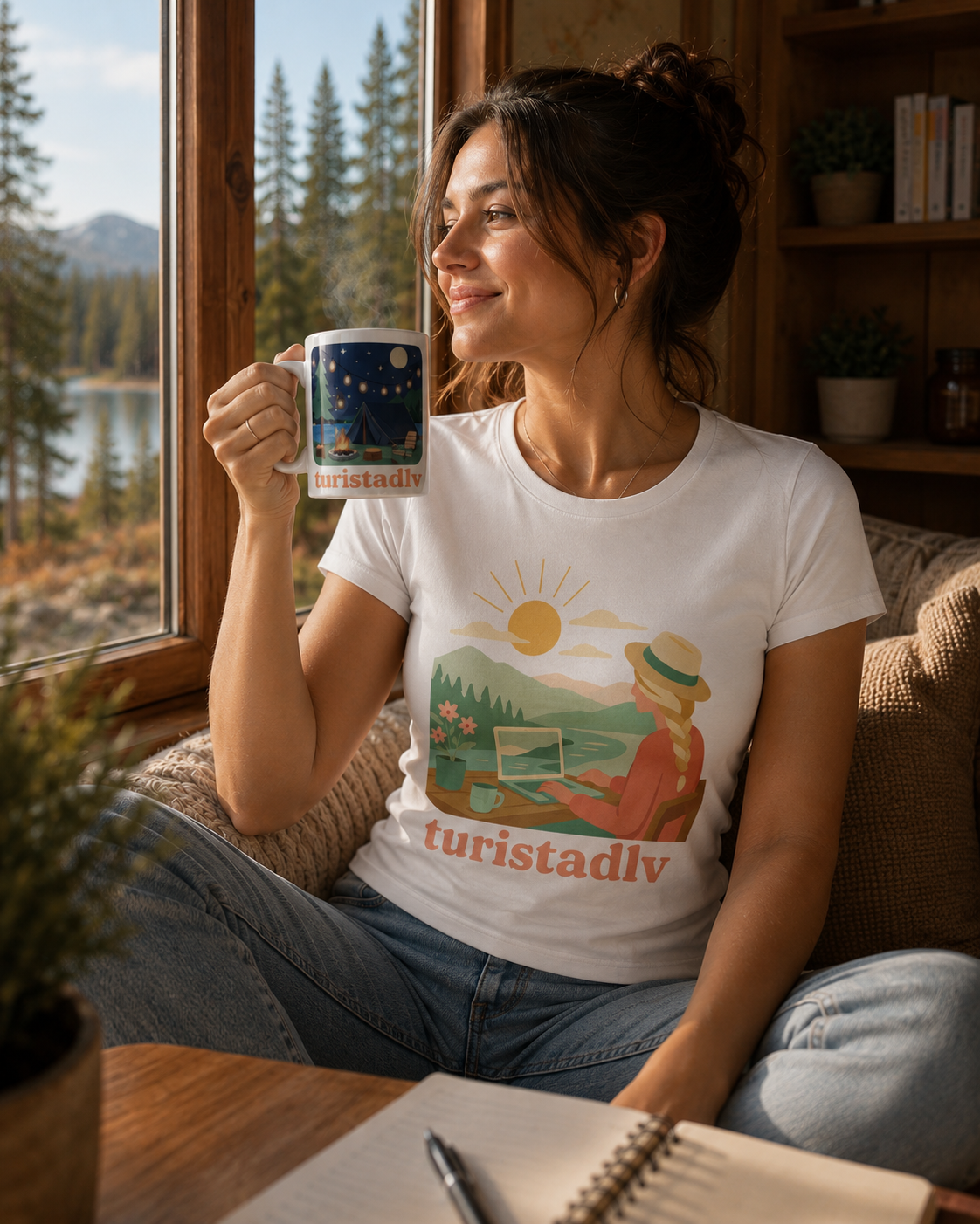 Taza Escena Nocturna de Camping, Fogata y Linterna