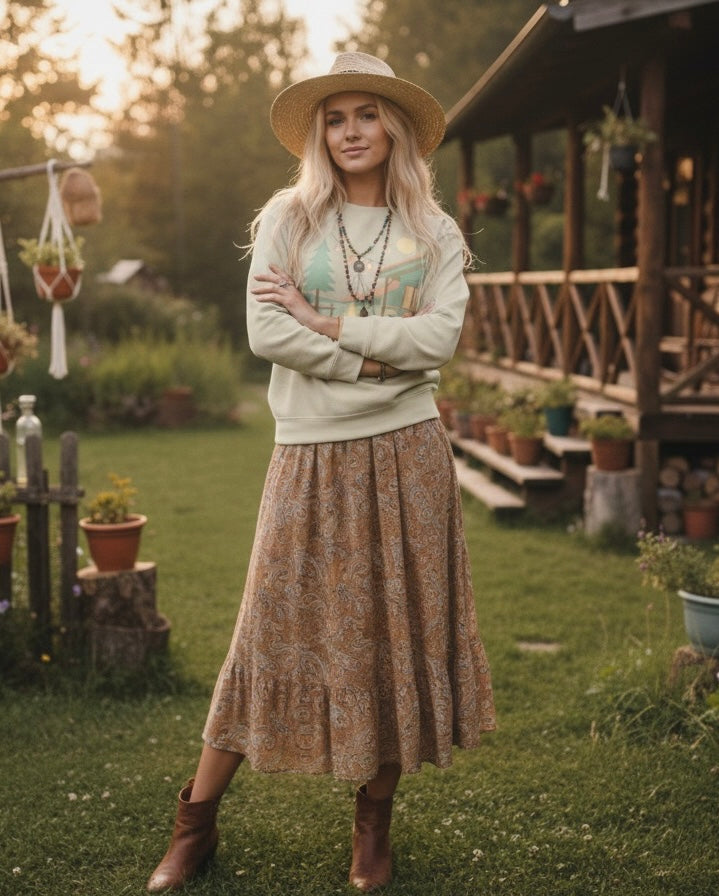 Sudadera de escena de fogata de cabaña, Ilustración de cabaña acogedora, cuello redondo de camping al aire libre
