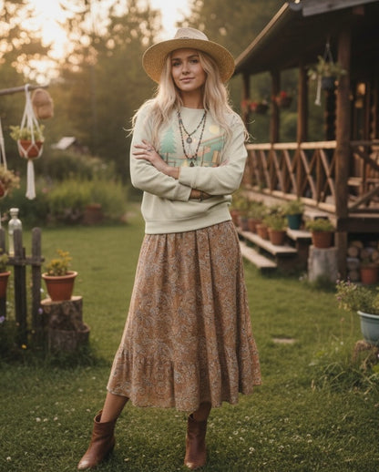 Sudadera de escena de fogata de cabaña, Ilustración de cabaña acogedora, cuello redondo de camping al aire libre