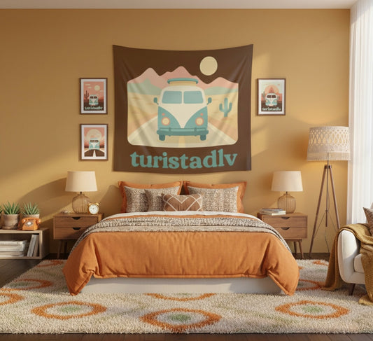 Tapiz de pared de Camper vintage, tapiz de viaje por carretera, tapiz de furgoneta retro en el Desierto, tapiz estilo póster de viaje