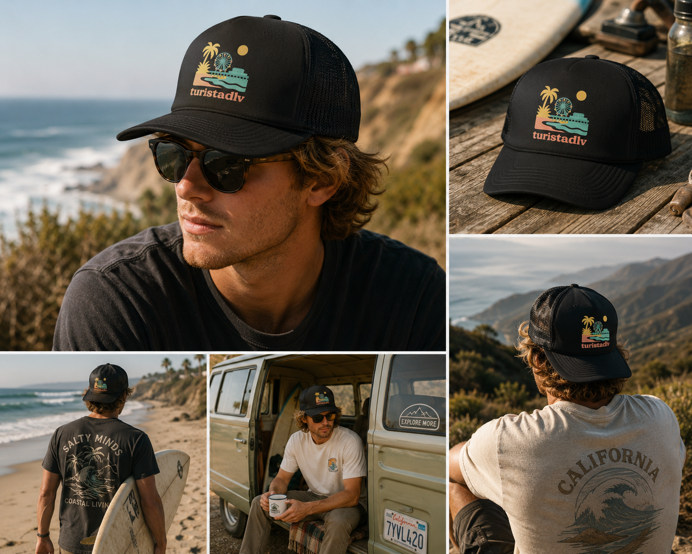 Gorra retro californiana, gorra de noria de playa retro, gorra de vacaciones, sombrero de visera muelle de santa Mónica.