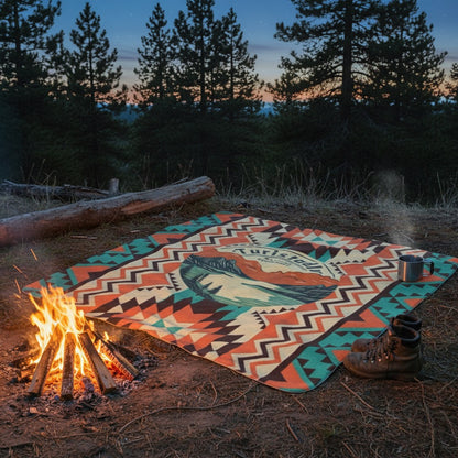 Manta Sherpa con diseño  de lago y montaña, Patrón azteca para exteriores, manta de camping, regalo de viaje, regalo de montaña