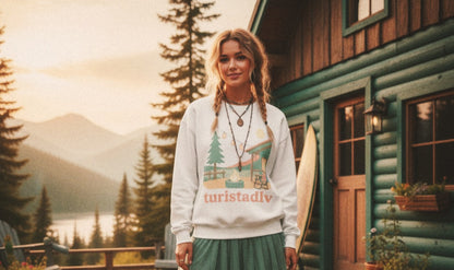 Sudadera de escena de fogata de cabaña, Ilustración de cabaña acogedora, cuello redondo de camping al aire libre