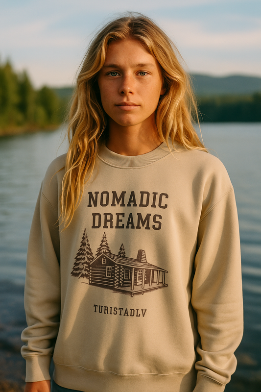 Sudadera acogedora sueños nómadas, suéter de cuello redondo unisex, perfecto para entusiastas del aire libre, regalo para viajeros, estilo casual para todas las estaciones.