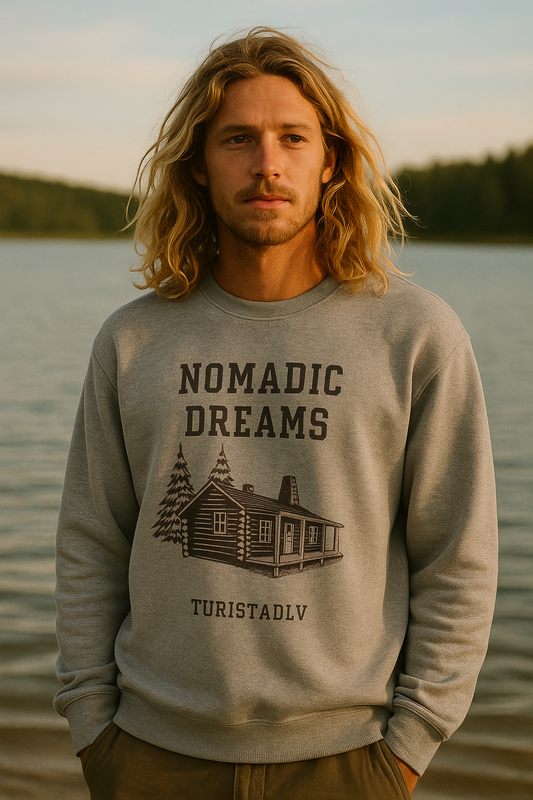 Sudadera acogedora sueños nómadas, suéter de cuello redondo unisex, perfecto para entusiastas del aire libre, regalo para viajeros, estilo casual para todas las estaciones.