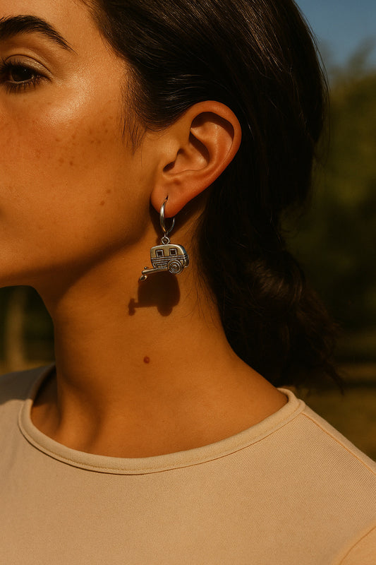 Earring, caravan, RV. Earrings, caravan, adventurer jewelry, hoops, camper, backpacker, hiker, camping, travel, traveler.